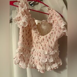 LoveShackFancy Beaming Ruffle Smocked Flutter Sleeve Top